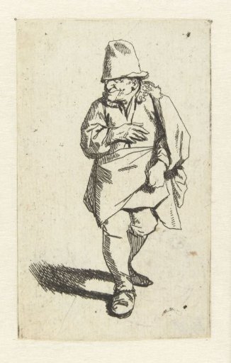 Standing man with high cap or hat, right hand before chest