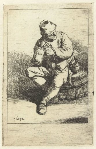 Man seated on cask with jug in hands