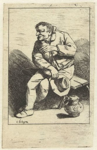 Seated man with hat in hand, jug on the ground