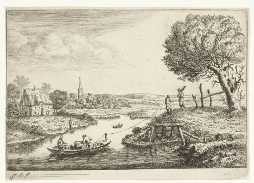 River landscape with a towing boat
