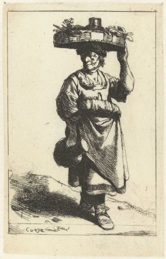 Standing woman with jug in hand and basket on her head