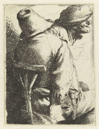 Man seated seen from behind, woman's or man's head with cap