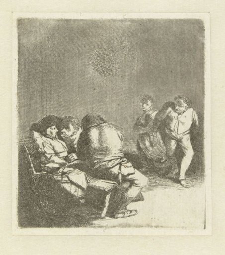 Dancing man and woman, two seated men and woman
