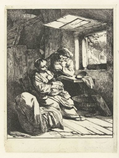 Woman with child and man at cradle in interior with open window