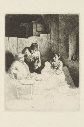 Two men and woman with child seated in tavern