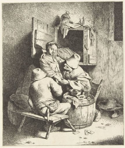 Standing woman seized by man, other man watching in tavern