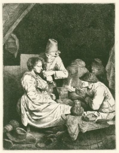 Men and young woman in tavern