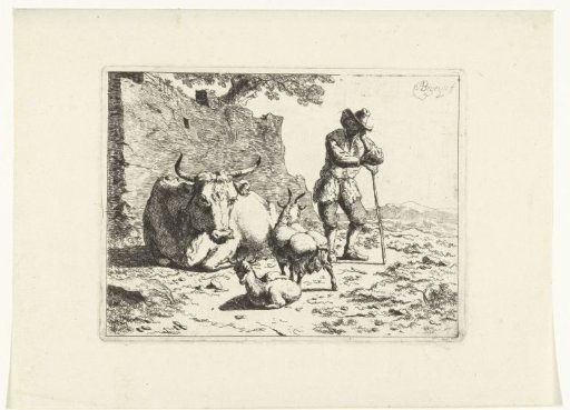 Shepherd standing by a cow and two goats near a ruined wall