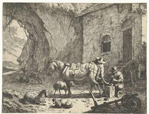 Horse being shod by a farrier on a farmyard