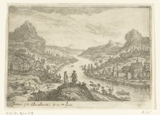 River landscape with two men on a hill