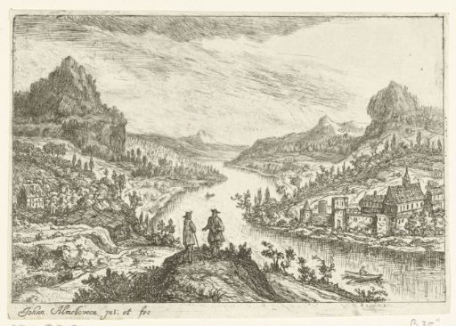 River landscape with two men on a hill