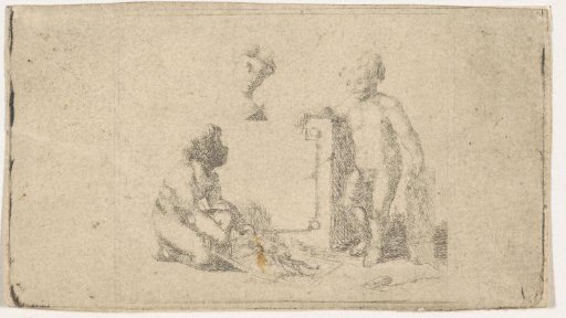 Three naked children by a stone