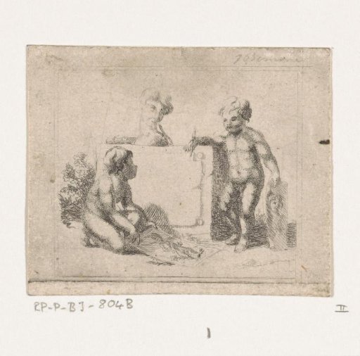 Three naked children by a stone