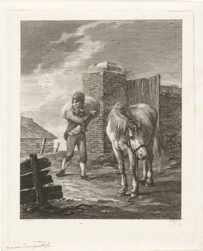 Man with a Sack on His Back Standing by a Horse