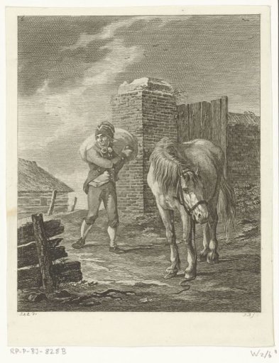 Man with a Sack on His Back Walking Towards a Horse