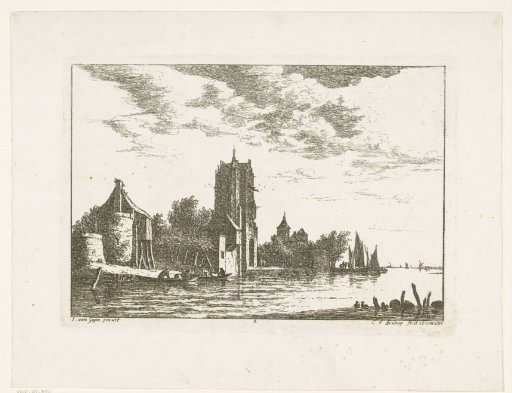 River view with gate building and church on bank