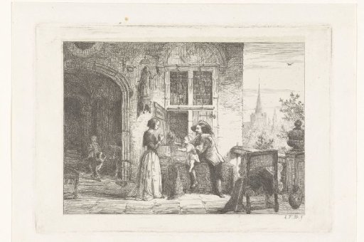 Man with child and woman on terrace in front of house facade