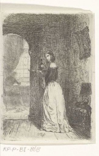 Interior with woman carrying tray and man at table