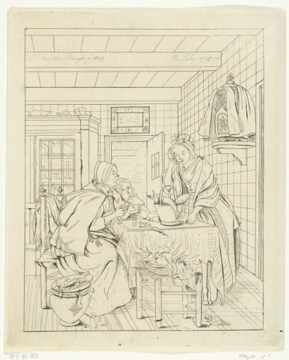 Maid with Groceries Visiting an Old Woman in a Kitchen