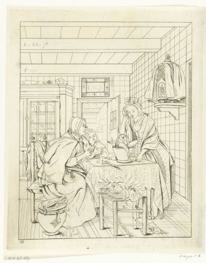Maid giving Groceries to an Old Woman in a Kitchen