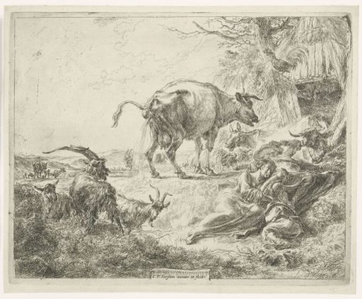 Sleeping shepherd family and resting cattle
