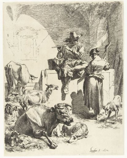 Shepherd playing the flute and a woman spinning