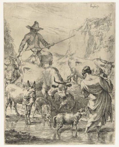 Shepherd with a flock crossing a stream