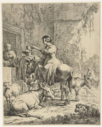 Shepherdess on a donkey at an inn