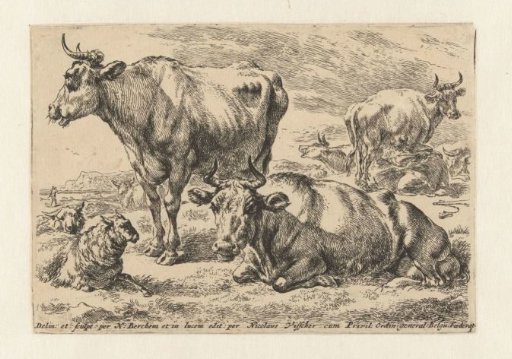 Standing and lying cow with sheep and a cow being milked