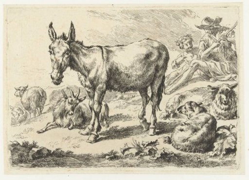 Landscape with donkey, sheep, goat and shepherds