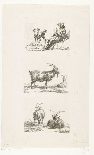 Seated shepherd with his dog and goats