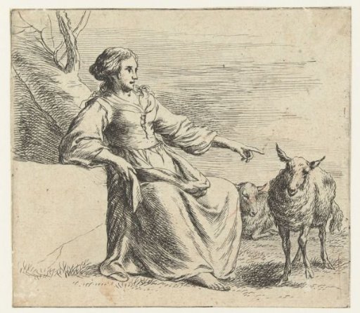 Sitting shepherdess and two sheep