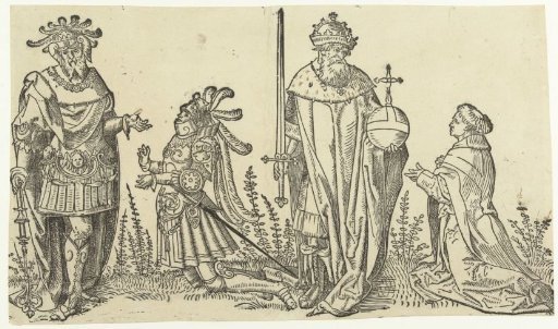 King Arthur with a Knight and Emperor Charlemagne with a Priest
