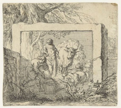 Stone block with bas-relief depicting a shepherd pouring water into a drinking trough