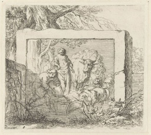 Stone block with bas-relief depicting a shepherd pouring water into a drinking trough