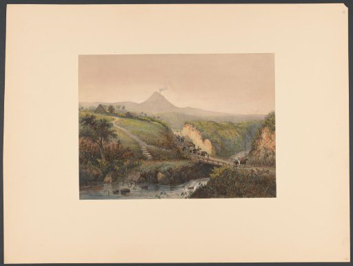 Landscape with a group of riders and a volcano in the background