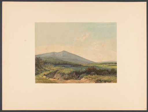 Mountainous landscape with two shepherds and a flock