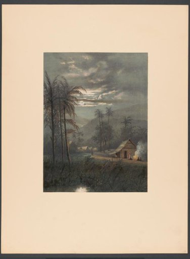 Landscape in the Preanger region with figures around a fire