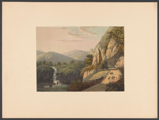 Travelers on a Path in Sumedang with a Waterfall on the Left