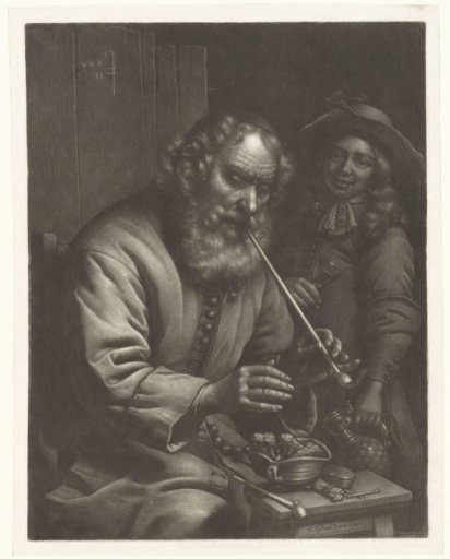 Smoking old man warming his hands