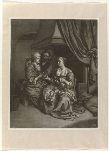 Women and a man by the fireplace