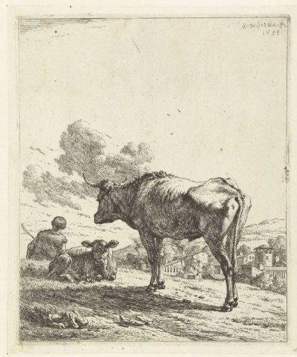 Shepherd with an ox and calf near a village