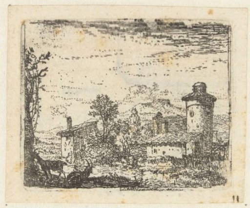 Italianate Landscape with Round Tower and Two Goats