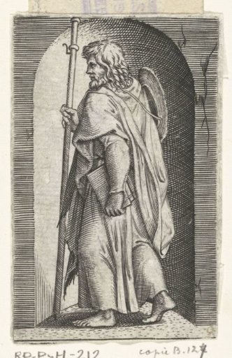 Apostle James the Greater (Major) with pilgrim's hat and pilgrim's staff in a niche