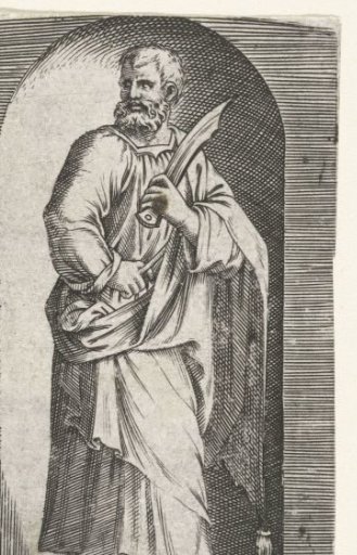Apostle Bartholomew with knife standing in a niche