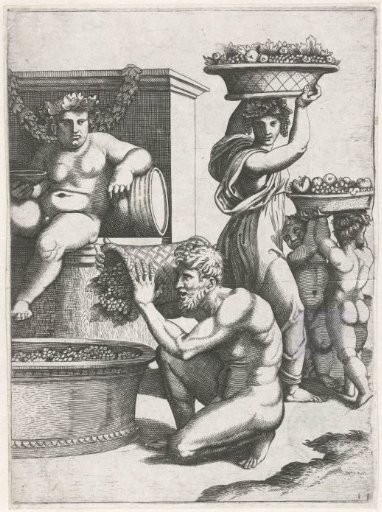 Bacchus watching a man and woman and two children carrying baskets of grapes for the making of wine