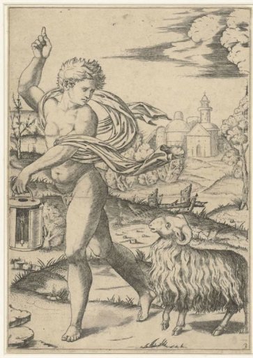 Young Man with Lantern and Ram (Aries) as Sign of the Zodiac
