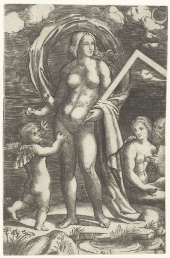 Venus with a love hook and Cupid and a loving couple