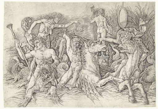 Fight between Satyrs riding on Hippocamps and an Old Woman as Personification of Envy standing on the Back of a Dragon