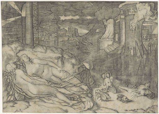 Landscape with Two Naked Sleeping Women and Fantastical Creatures on a Shore by Water with a Burning Building